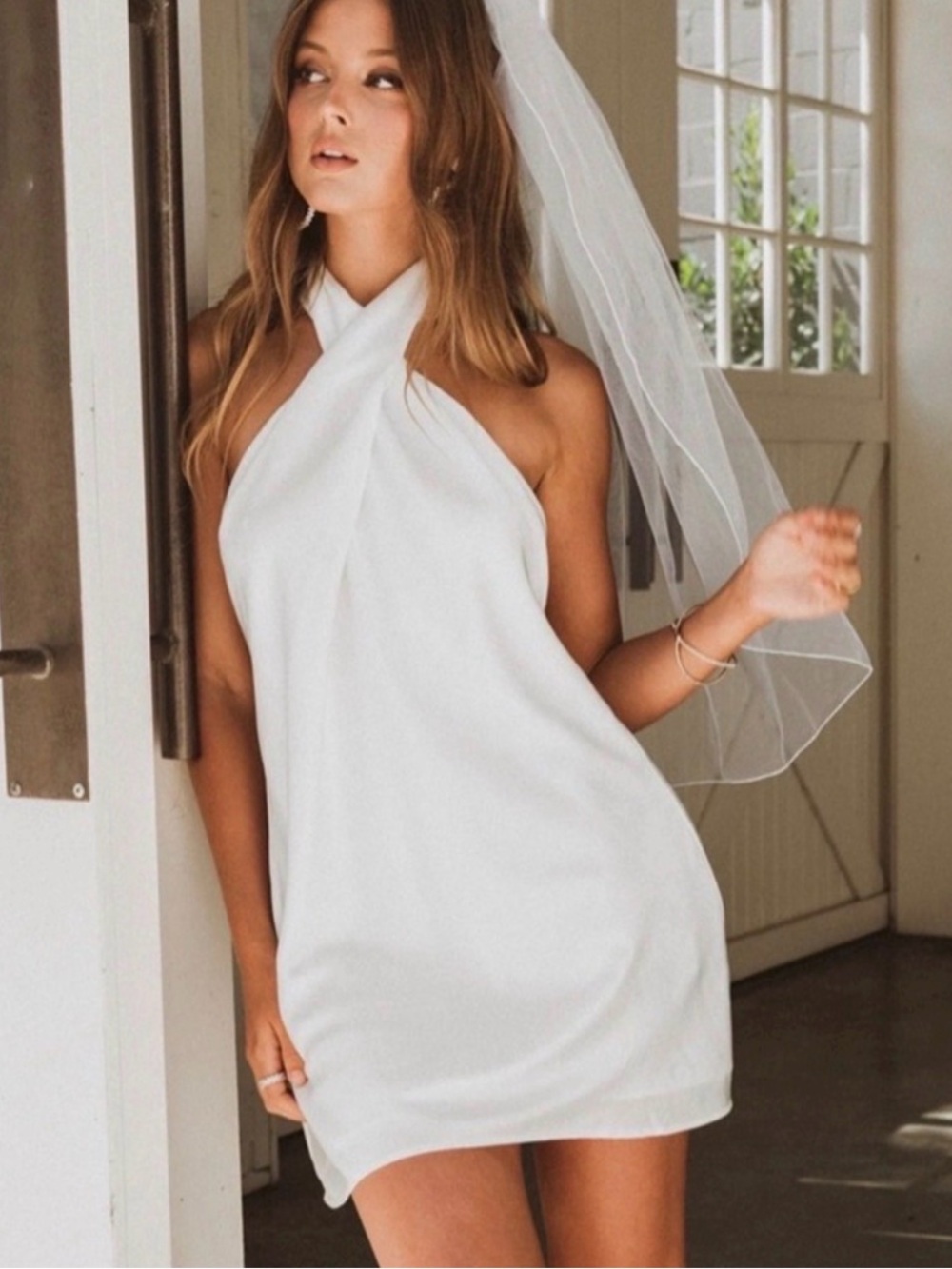 Show Me Your Mumu Jasmine Halter Mini Dress Womens Medium White Luxe Satin Lined